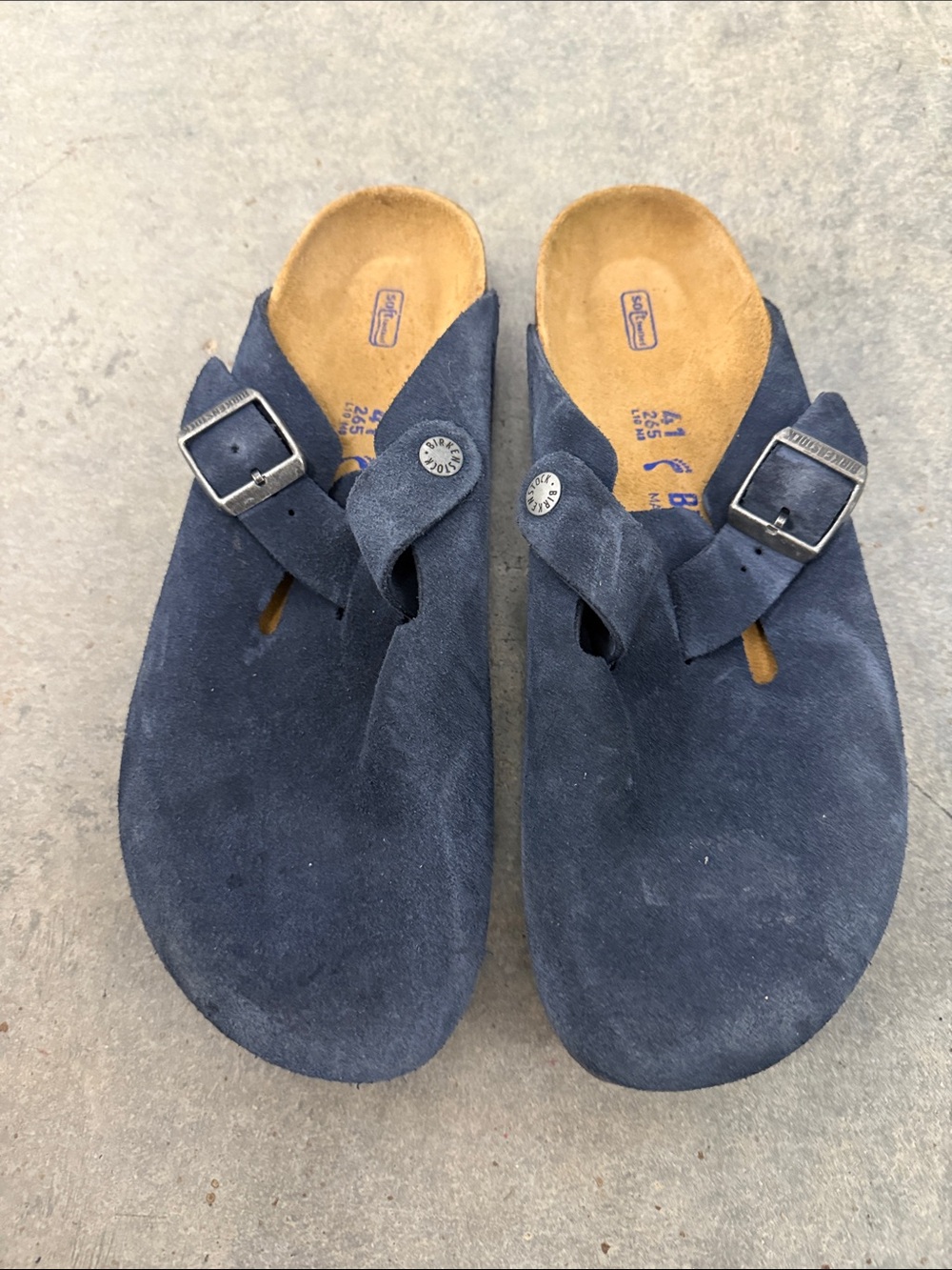 Birkenstock Navy Suede Toe-Post Clog Mules with Buckle